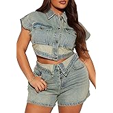 NRTHYE Women's Two Piece Denim Short Sets Summer Button Down Crop Top Asymmetrical Waisted Vintage Y2k Jean Outfits