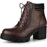 Allegra K Women's Round Toe Chunky Heel Lace Up Zipper Coffee Combat Boots 10 M US