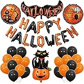 47pcs Happy Halloween Balloons Banner, Black Orange Latex Balloons Large Cat Pumpkin Foil Balloons for Halloween Party Decorations
