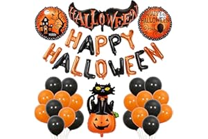DECGOL 47pcs Happy Halloween Balloons Banner, Black Orange Latex Balloons Large Cat Pumpkin Foil Balloons for Halloween Party Decorations