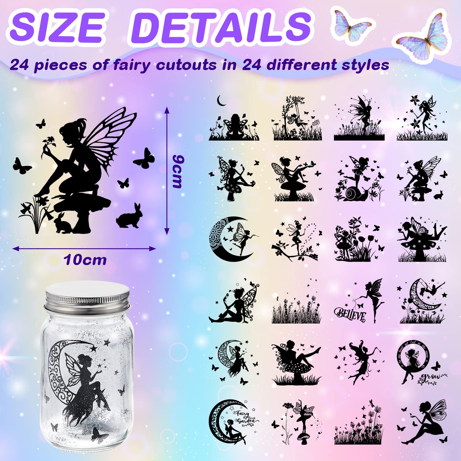 Lewtemi 24 Pcs Plastic Laser Cutouts for Mason Jars, 3.94x3.54 Inch Silhouette Ornaments - DIY Crafts & Scrapbook Supplies for Lantern Decor, Not Stickers(Fairy)
