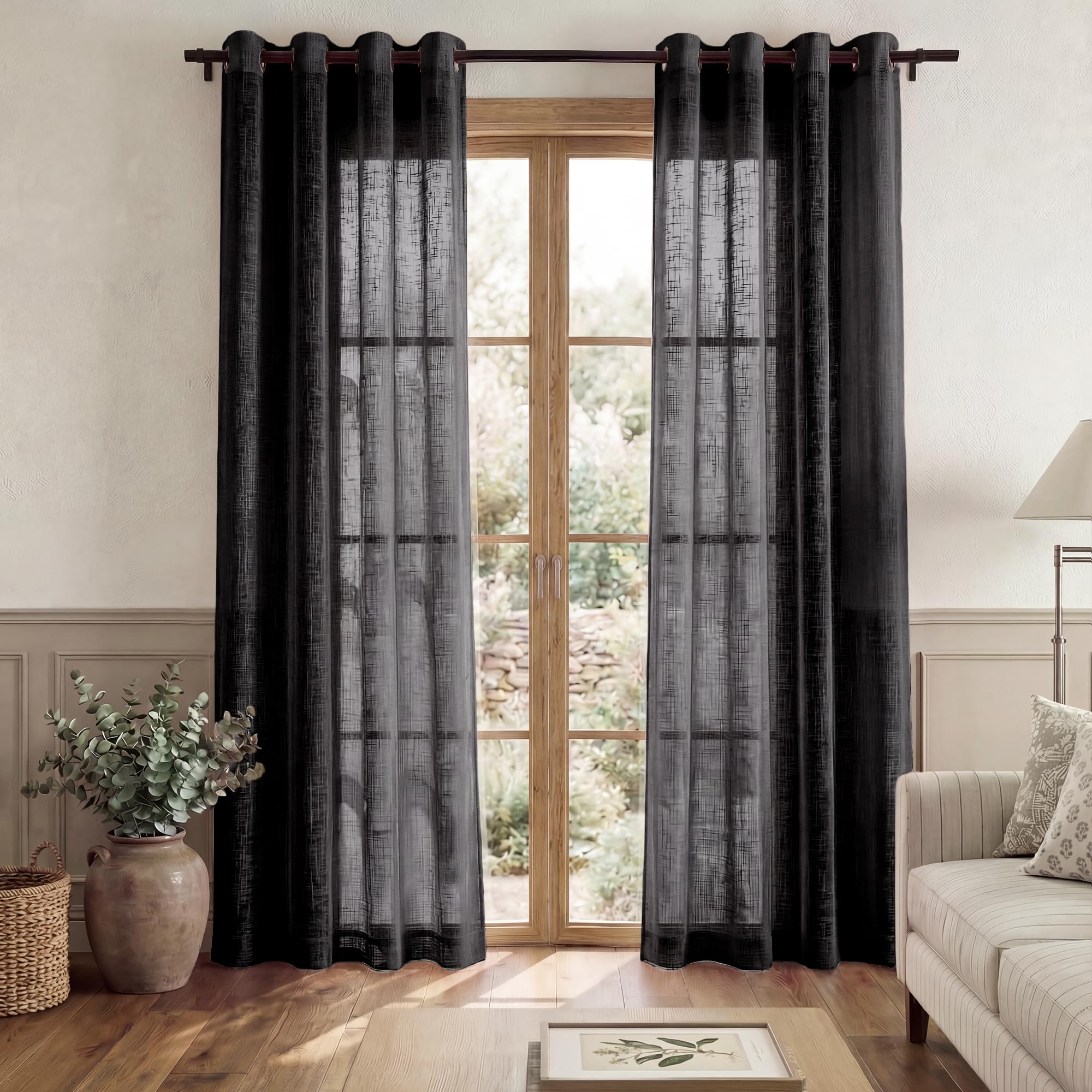 PONY DANCE Black Net Curtains for Bedroom - 84 Drop Linen Look Voile Curtains for Privacy Protect, Semi Translucent Sheer Panels Eyelet Top for Bedroom/Nursery Room, Set of 2, 52 x 84 inches