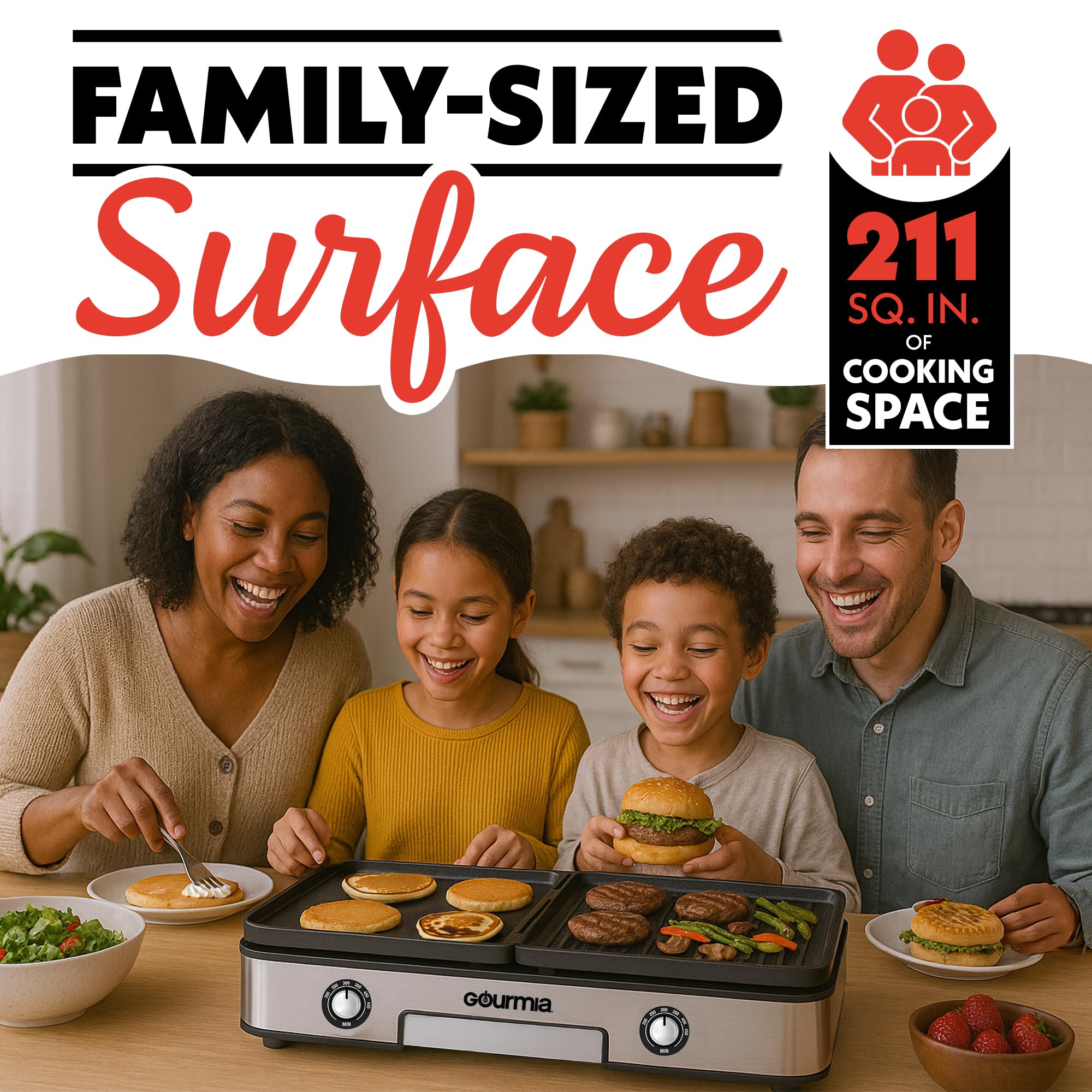 Gourmia 3-in-1 Indoor Grill/Griddle Electric Combo - 250-400°F Adjustable Dual Cooking Zones with Removable Nonstick Reversible Ceramic Plates - Non Toxic Dishwasher Safe Countertop Kitchen Appliances