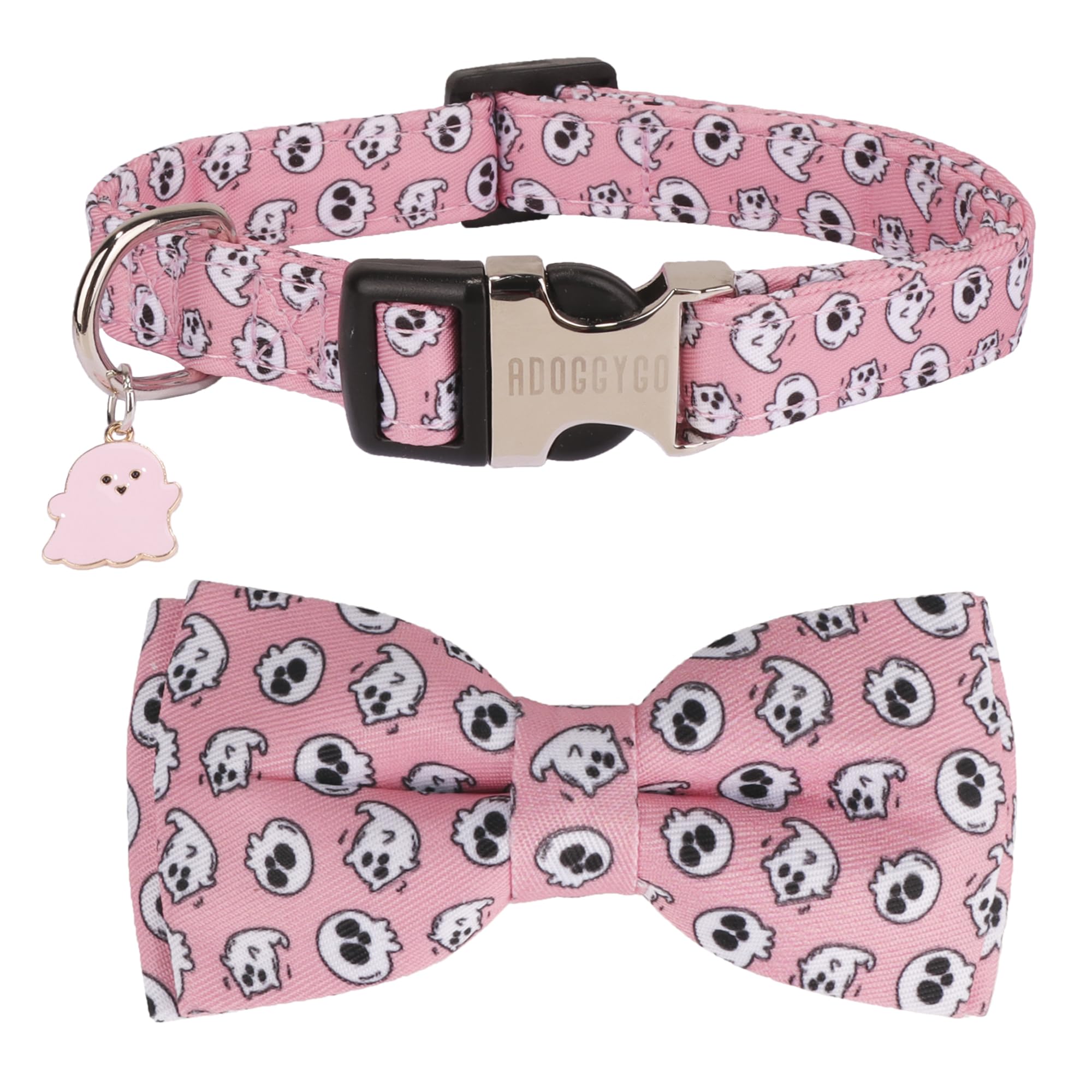 Photo 1 of ADOGGYGO Halloween Dog Collar with Bowtie, Pink Ghost Pet Collars with Detachable Bow, Adjustable Pink Halloween Collars for Small Medium Large Dogs (Small)