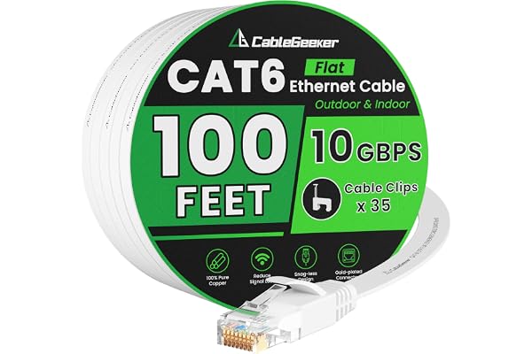 Cat 6 Ethernet Cable 100ft - High Speed 10Gbps, Indoor&Outdoor, Slim Flat Design, Supports Cat7 Network - for Router, Modem,