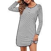 VibeVista Nightgowns for Women Soft Cotton Striped Sleepwear Sleep Shirts Long Sleeve Crew Neck House Dresses Night Gown