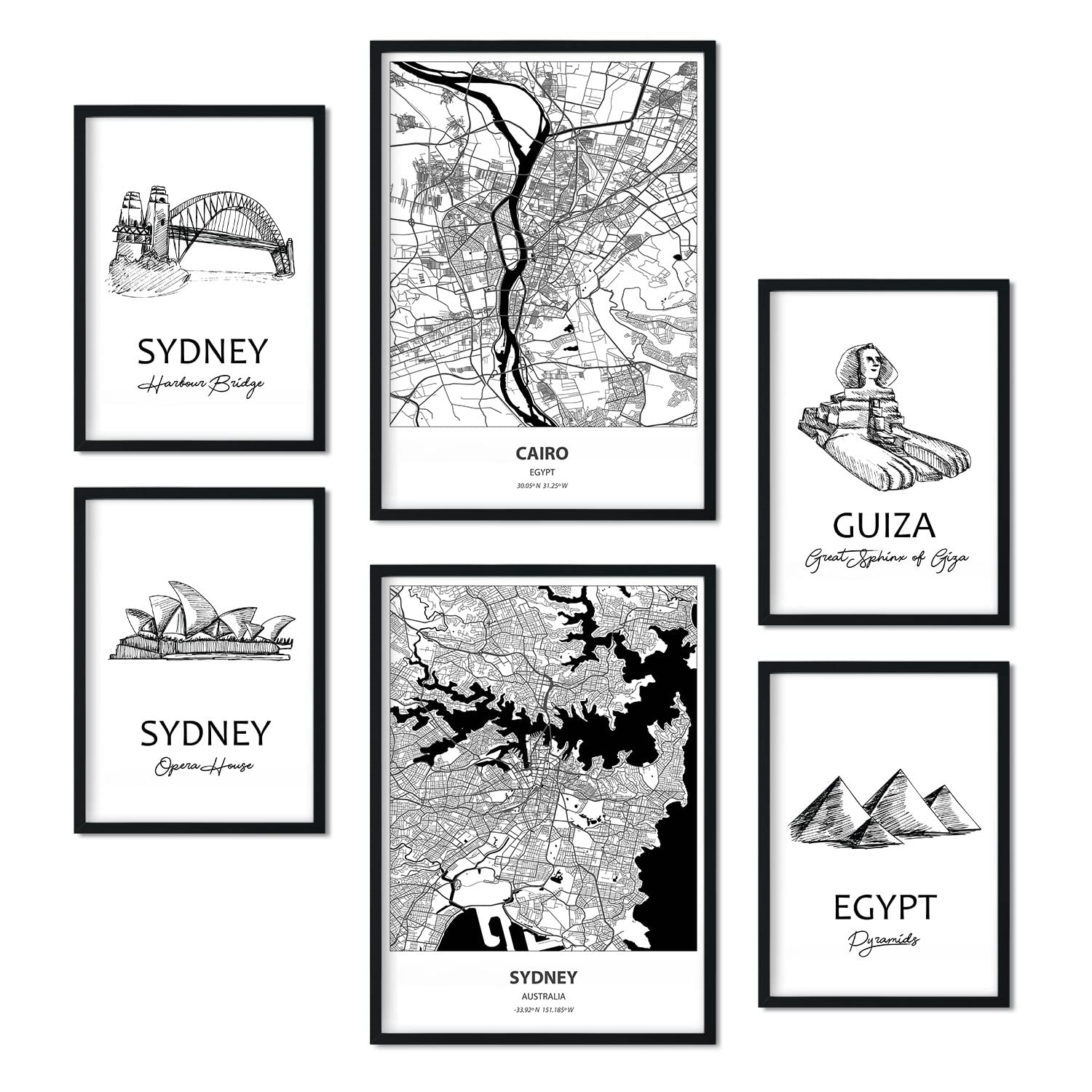 Nacnic Set of 6 posters Egypt and Sydney. Collection of posters in collage aesthetic for interior decoration. Sizes A3 and A4. Frameless.