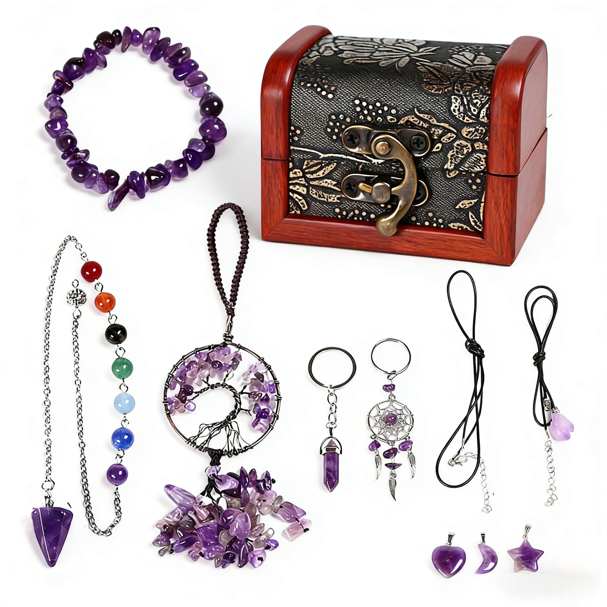 ycyingcheng Amethyst Crystal Set, Spiritual Gift Box with Necklace, Bracelet, Pendulum, Car Pendant, Keychain for Women, Chakra Healing, Anxiety Relief, Reiki Energy, Premium Gift
