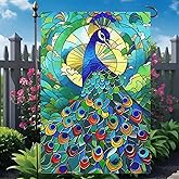 MOXDBT Spring Summer Peacock Garden Flag 12x18 Inch, Vertical Double Sided Outdoor Small Yard Linen Decorative Garden Flags, Fade Resistant Outdoor Decor for Yard, Lawn, Patio-Stained Glass Design
