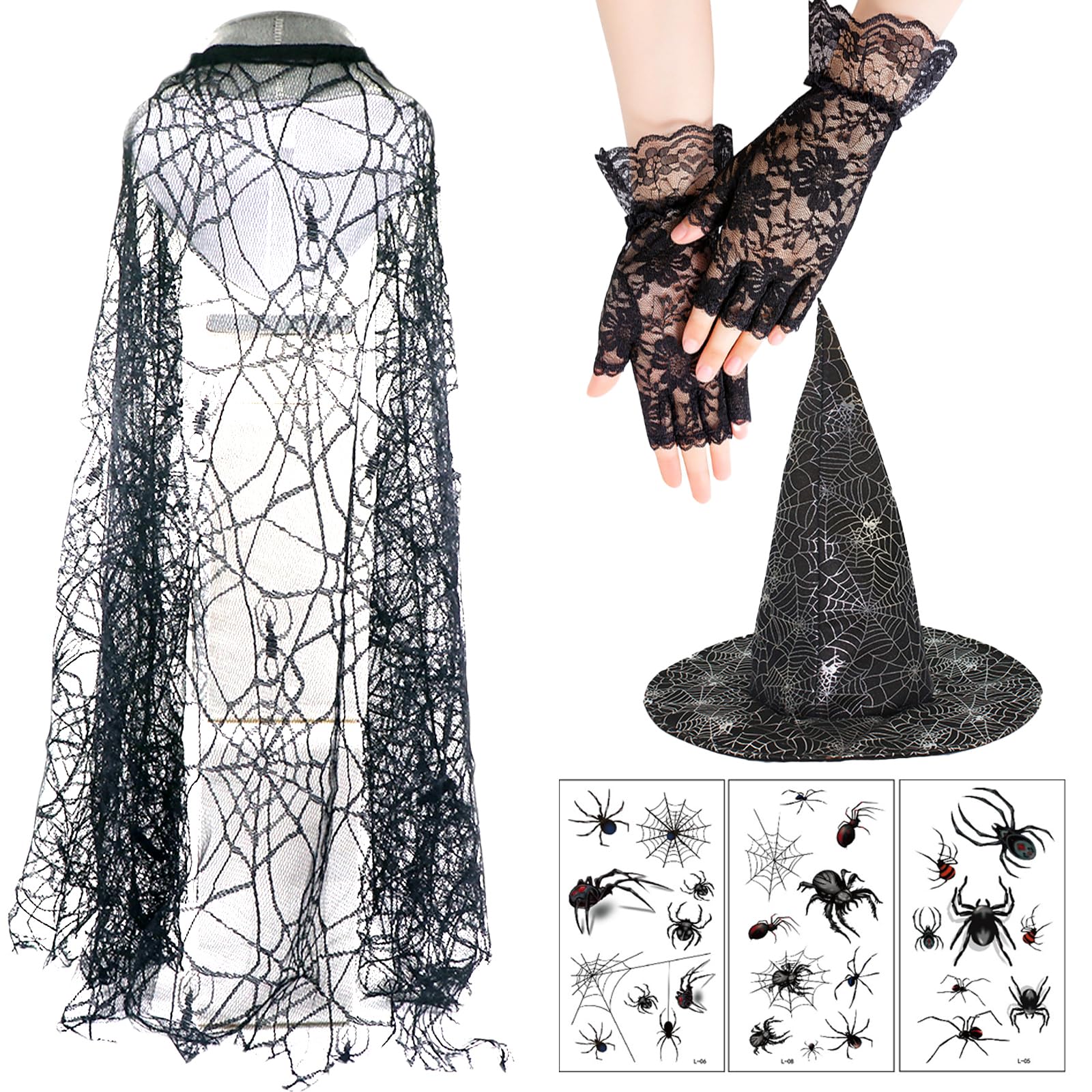 MAINOSHY Halloween Witches Costumes for Women, 44In Spider Web Cape Witch Hat Black Lace Gloves with Spider Tattoos Masquerade Costume Set for Halloween Costume Accessory