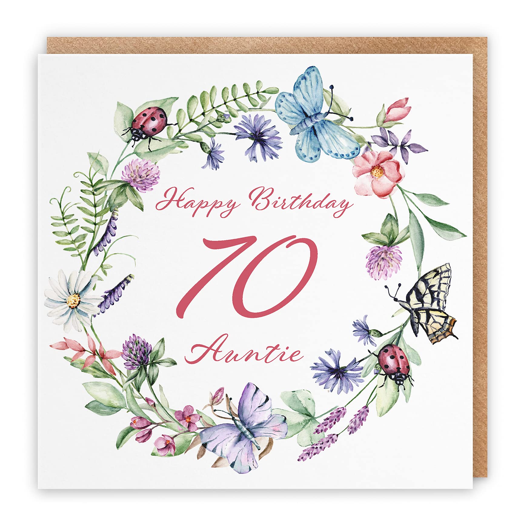 Hunts England - Large Auntie 70th Birthday Card - Happy Birthday - 70 - Auntie - Meadow Collection - Flowers, Butterflies, Pretty Card - Large - 210 x 210 mm - Age 70
