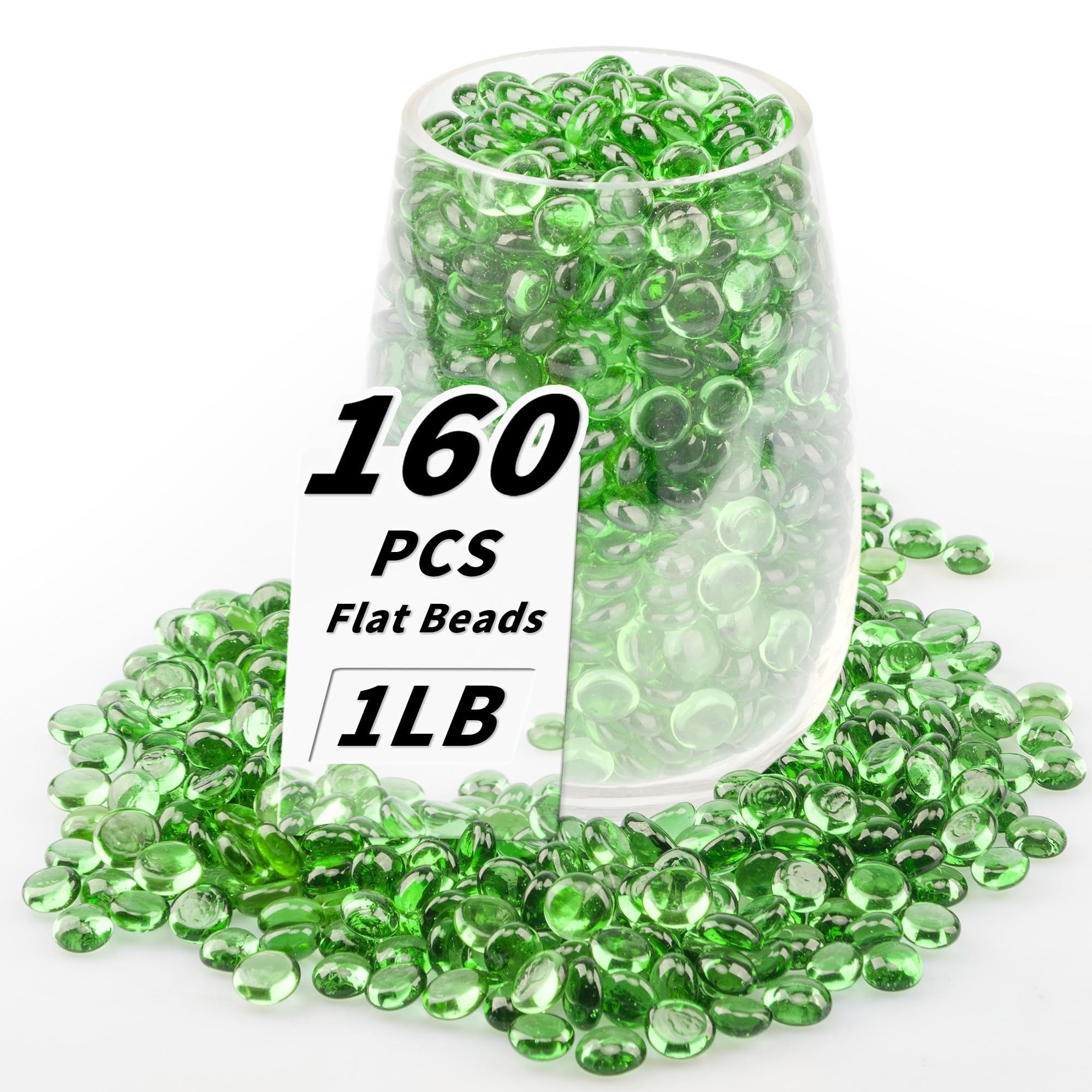 1 LB Green Flat Glass Beads, 160-180PCS Small Glass Marbles, Mini Flat Round Pebbles for Vase Filler and Floral, Fish Tank Rocks Decorative Gemstones for Home and Aquarium Décor