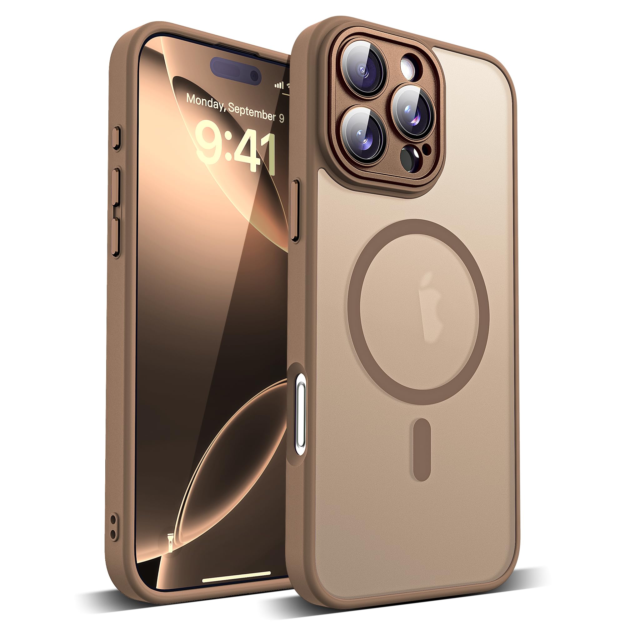 Photo 1 of YEMORAN Compatible with iPhone 16 Pro Case with Built-in Camera Lens Protector Translucent Magnetic 16 Pro Phone Case 6.3" [Compatible with Mag-Safe][Great Grip Feeling], Desert Brown
