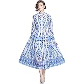 LAI MENG FIVE CATS Women's Chiffon Floral Print Long Sleeve Flowy Maxi Dress with Belt
