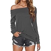 Buauty Women's Off Shoulder Tops Boat Neck Long Sleeve Blouse Cute Loose Casual Oversized Shirt 2026 Drop Shoulder Baggy Tops
