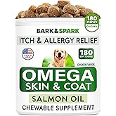 BARK&SPARK Omega 3 for Dogs - 180 Fish Oil Treats for Dog Shedding, Skin Allergy Chews, Itch Relief, Hot Spots Treatment - Joint Health - Skin and Coat Supplement - EPA & DHA Fatty Acids - Salmon Oil