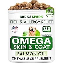 BARK&amp;SPARK Omega 3 for Dogs - 180 Fish Oil Treats for Dog Shedding, Skin Allergy Chews, Itch Relief, Hot Spots Treatment - Jo