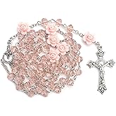 Rosary Pearl Beads Necklace for Women,First Communion Catholic Rosary Prayer Gifts for Men Women Our Rose Lourdes Medal and Cross Rosary Crucifix Necklace
