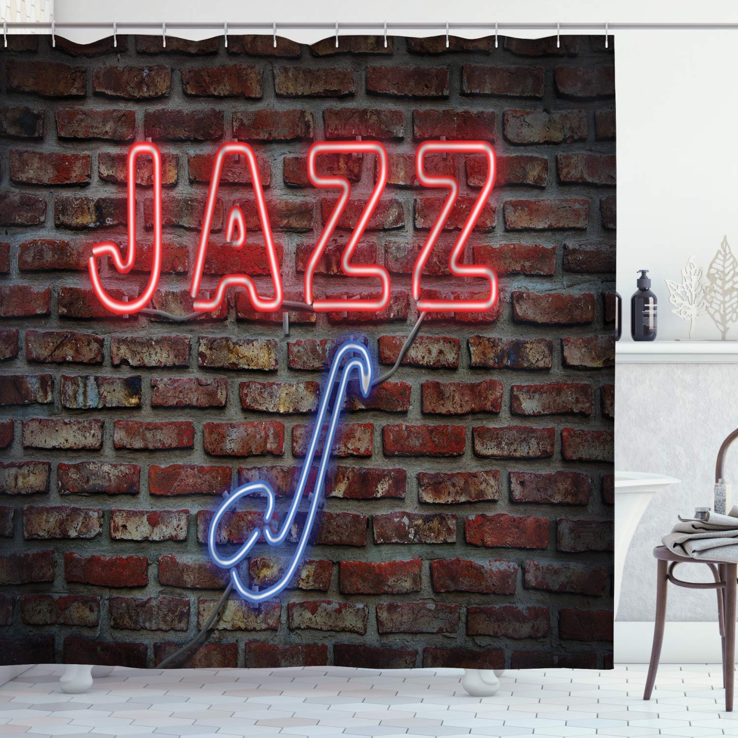 ABAKUHAUS Music Shower Curtain, Image of Alluring Neon All Jazz Sign Saxophone Instrument on Brick Wall Print, Cloth Fabric Bathroom Decor Set with Hooks, 175 x 240 cm, Blue Red