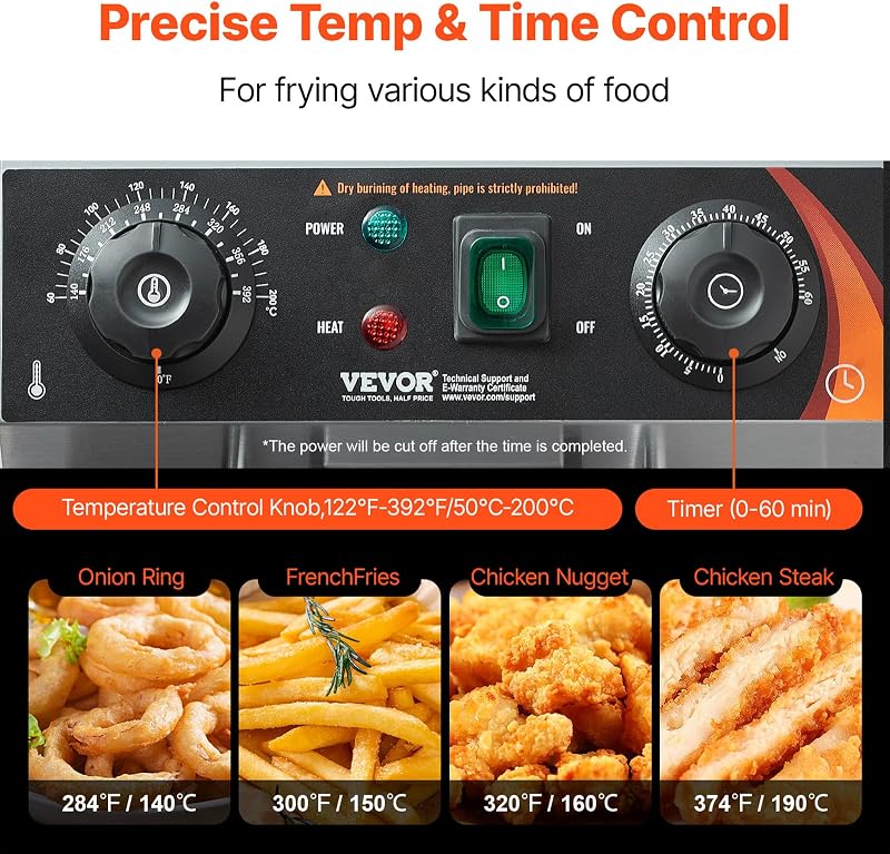 Friteuse Électrique Commerciale 11L x 2 Cuves 3000W x 2 Friteuse à Huile en Inox avec 2 Paniers à Frire Température et Temps Réglable 50-200°C pour Rondelles d’Oignon Poulet Frit Snack-Bars