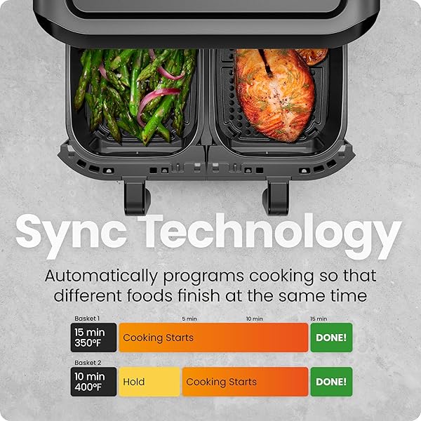 CHEFMAN 6 QUART DUAL BASKET AIR FRYER OVEN WITH EASY VIEW WINDOWS, SYNC FINISH, HI-FRY, AUTO SHUTOFF, 2 INDEPENDENT 3QT NONSTICK DISHWASHER SAFE FRYING BASKETS, DIGITAL DOUBLE AIR FRYER – BLACK