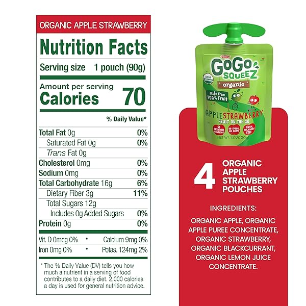 GOGO SQUEEZ ORGANIC APPLESAUCE, APPLE STRAWBERRY, 3.2 OUNCE (4 POUCHES), GLUTEN FREE, VEGAN FRIENDLY, UNSWEETENED APPLESAUCE, RECLOSEABLE, BPA FREE POUCHES