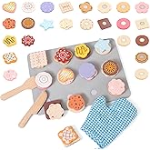 MONT PLEASANT 28pcs Wooden Cookie Maker Toy Kitchen Accessories, Kids Play Kitchen Cutting and Baking Food Toys Cookies Bakery Playset, Toddler Pretend Play Toy Food Set Boys and Girls Birthday Gift