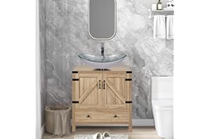 Puluomis 28 inch Bathroom Vanity, Modern Natural Color Wood Fixture Stand Pedestal Bathroom Cabinet with Bathroom Boat Silver Glass Vessel Sink Top