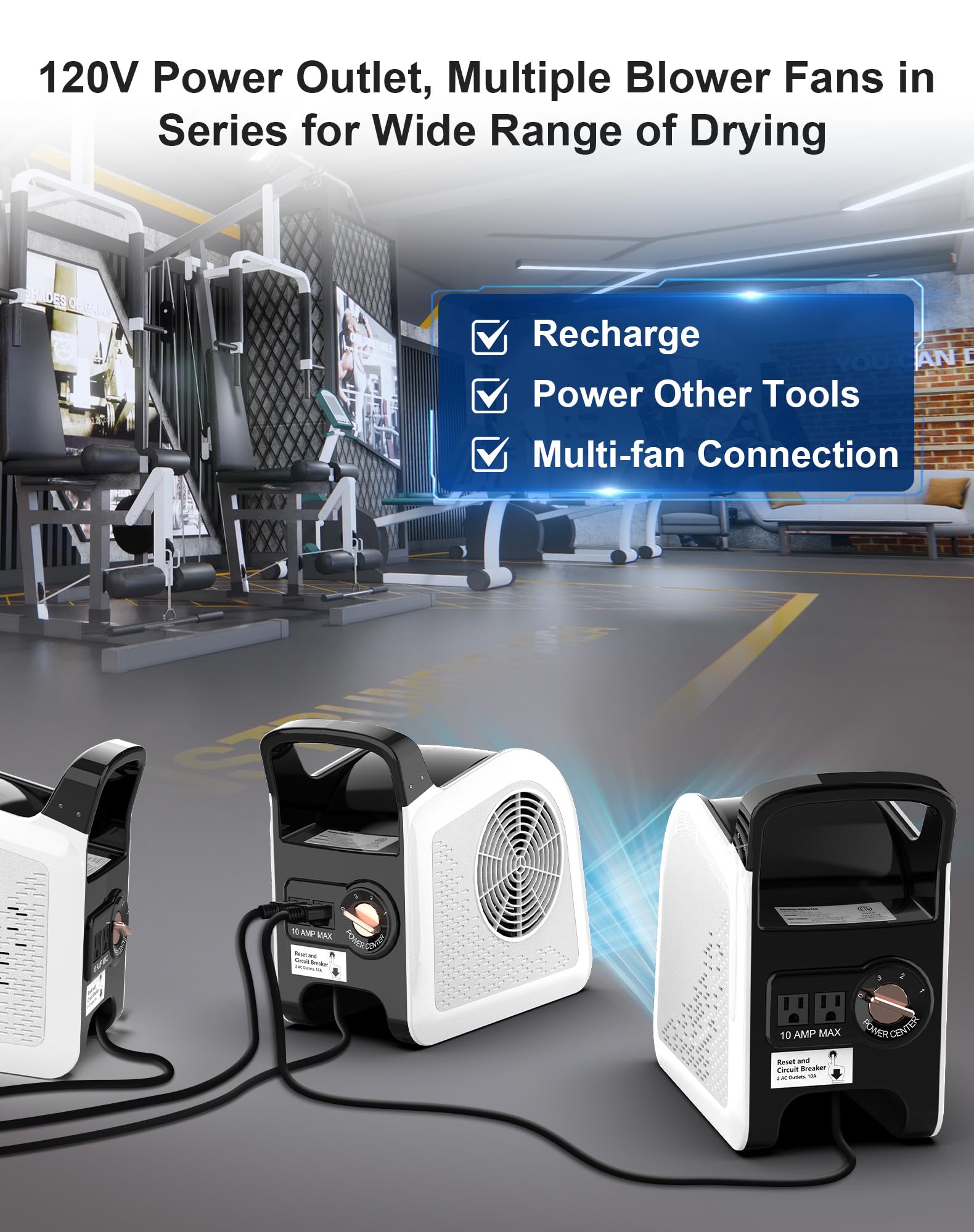 Air Mover Blower Fan - Utility Fan 3 Speeds, 2 AC Outlets, Reset and Circuit Breaker, Carpet Dryer for Garage, Gym, Shop, Kitchen - Ventilating, Cooling and Drying, 12