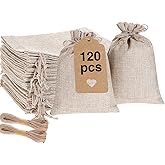 Buryeah 120 Pcs Christmas Burlap Bags with Drawstring and 120 Pcs Gift Tags, 7 x 5 inch Burlap Bags with Drawstrings, Jewelry Pouches Linen Sacks for Christmas Birthday Gifts Wedding Party Favors