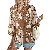 Gaharu Women's 3/4 Sleeve Boho Tops Casual V Neck Floral Print Loose Fit Blouses Tunic