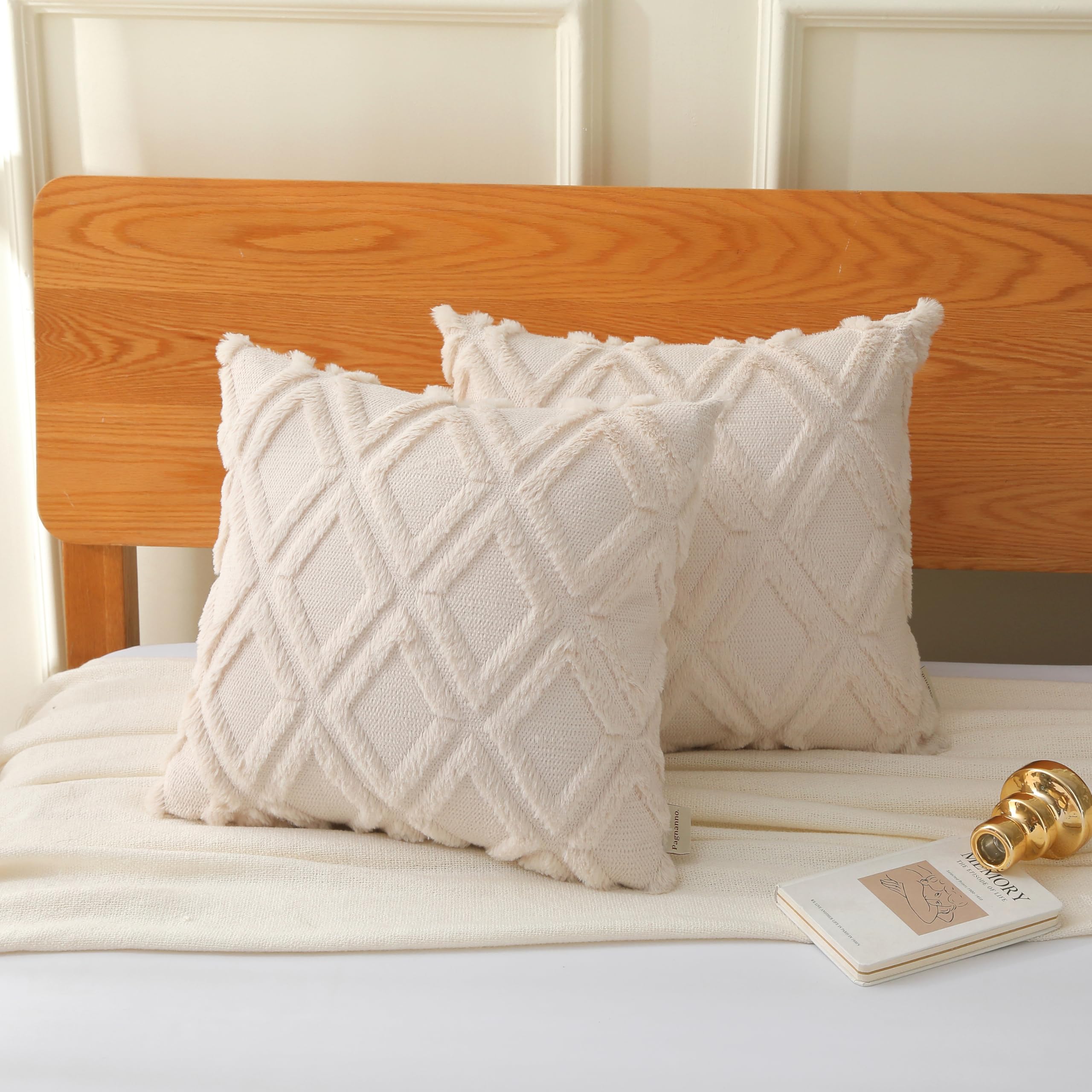 Pagnanno. Set of 2 & 4 Soft Velvet Cushion Covers 45x45cm(18x18 Inches) D8 Throw Pillowcases Square Covers for Chairs,living room,bedroom Invisible Zipper (45x45cm (18x18inch), Cream, 2)