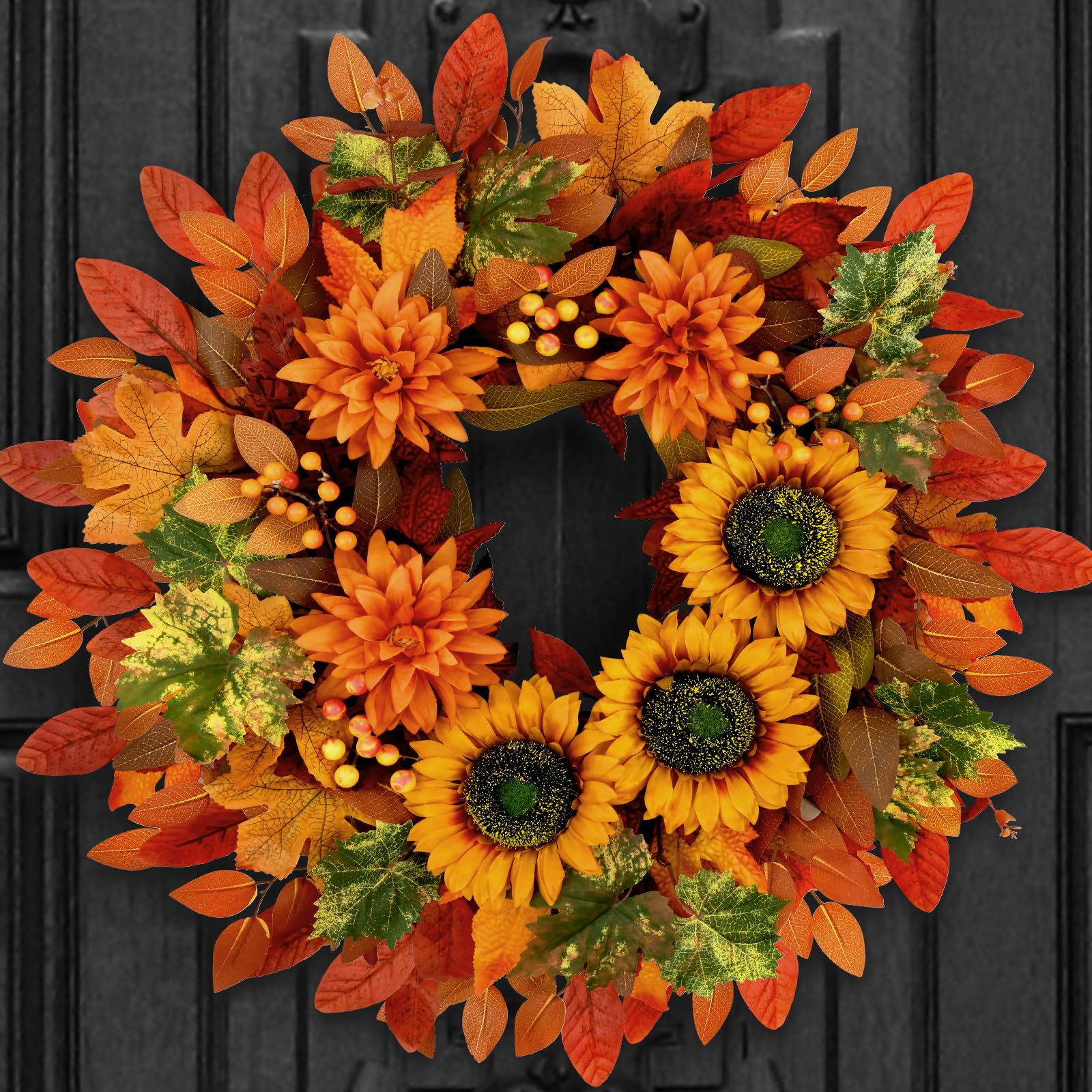 Photo 1 of Waipfaru Fall Wreaths for Front Door,22 inch Autumn Sunflower Wreath,Fall Indoor Outdoor Decor with Maple Leaf,Thanksgiving Halloween Decorations for Home, Porch Decor
