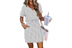 WNEEDU Womens Summer Dress 2026 Casual Folding Short Sleeve Sundress V Neck Tie Button Beach Swing Dresses with Pockets