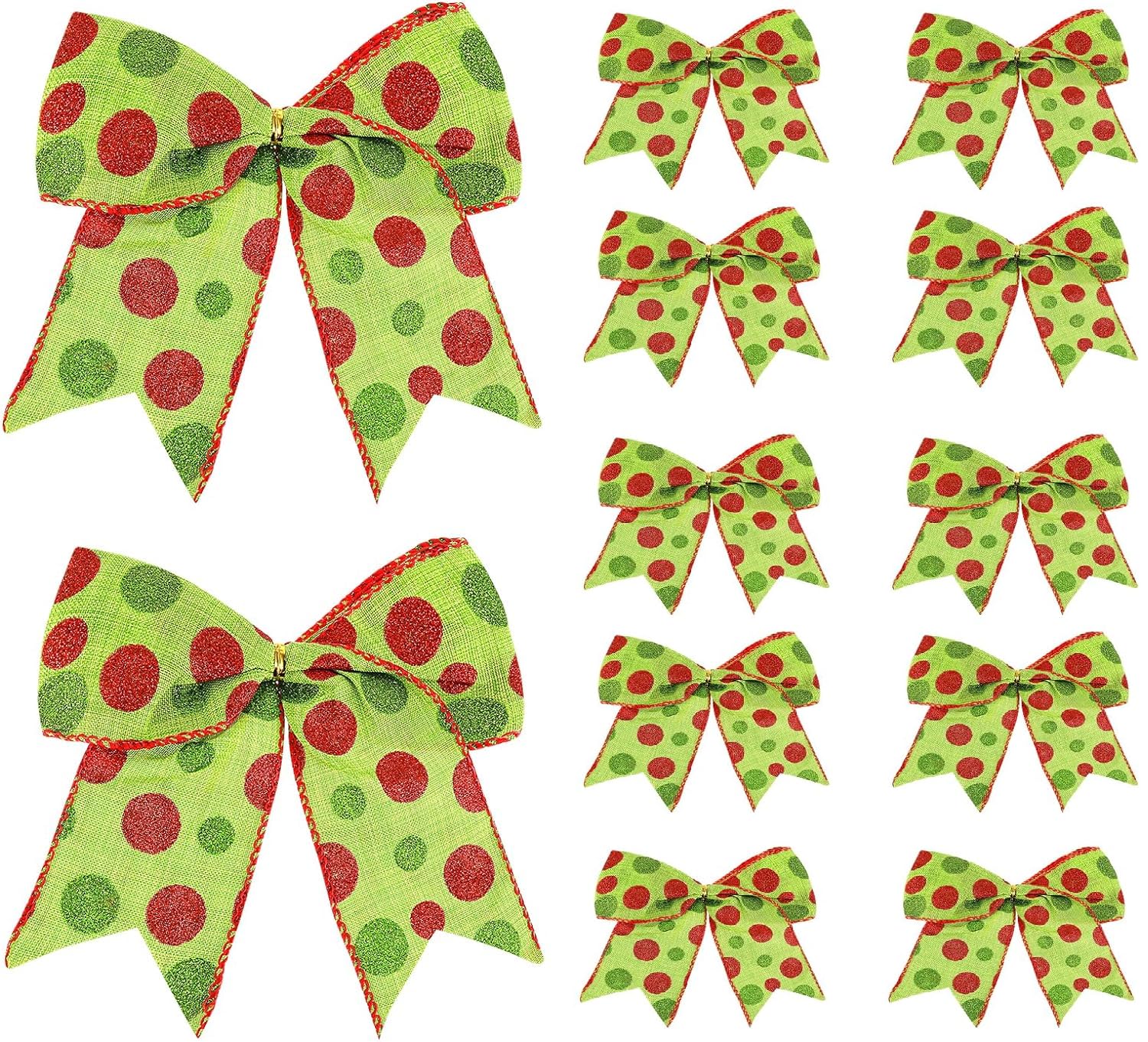 AWAVM Christmas Red Green Bows Decorations, 12Pcs Large Dot Bows Tie Bows Christmas Wreaths Ornaments Xmas Tree Topper Ornaments Xmas Decor Santa Gift Accessories Decorative Grinch Decorations