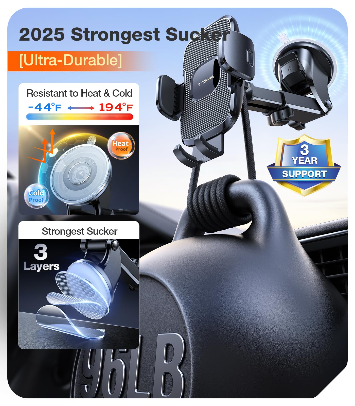 TORRAS Ultra-Durable Phone Holders for Your Car【96+LBS Strongest Suction】 Car Phone Holder Mount, Safety Certs Cell Phone Car Mount Truck for Dashboard Windshield Vent for iPhone 17 16 15 14 Pro Max