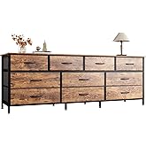 Huuger 63 Inch Dresser for Bedroom, Long Dresser with 10 Fabric Drawers, TV Stand for 55, 65, 70 Inch TV, Toy Storage Organizer for Closet, Rustic Brown