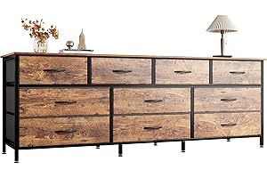 Huuger 63 Inch Dresser for Bedroom, Long Dresser with 10 Fabric Drawers, TV Stand for 55, 65, 70 Inch TV, Toy Storage Organizer for Closet, Rustic Brown