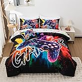 Aimuan Gamer Gaming Bedding Sets 3D Gamepad Comforter Sets for Boys Games Console Action Buttons Novelty Colorful Game Controller Modern Room Decor Home Quilt Set (Black-Purple, Twin 6PCS)