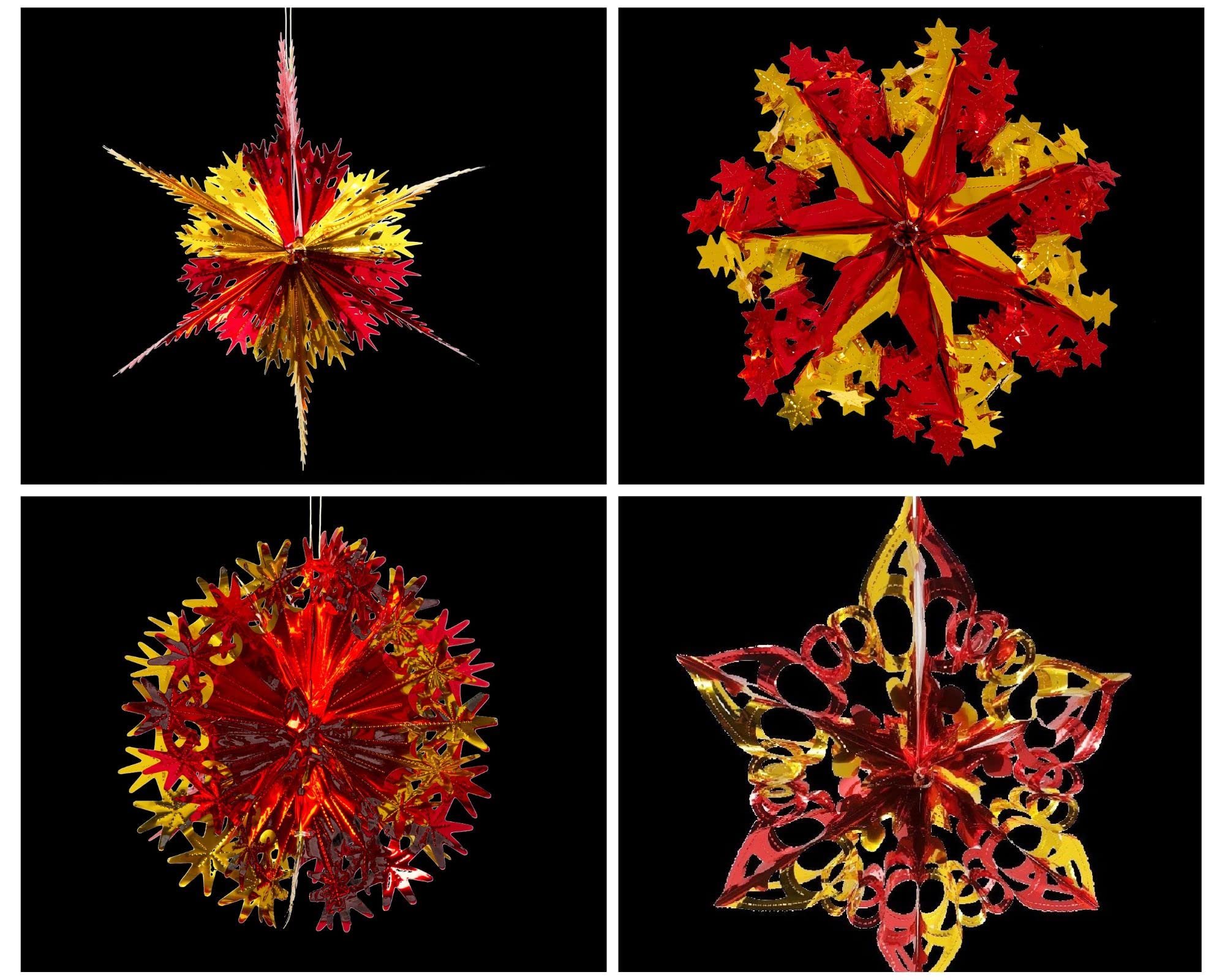 Simply Products Set of 4 40cm Christmas Foil Ceiling Garland Hanging Xmas Decoration, Long Star, Snowflake, Star Ball & Star (Gold & Red)