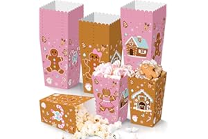 K KUMEED 24 PCS Christmas Popcorn Favor Boxes,Pink and Brown Gingerbread Man Christmas Party Supplies Cute Candy House Popcorn Bowls Popcorn Buckets Popcorn Bags Candy Cookie Container for Kids
