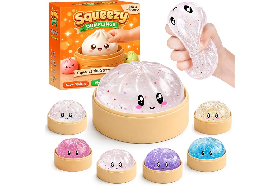 Mystery Glitter Dumpling Squishies with Steamer Box – Cute Bao Bun Stress Ball – Soft Squeeze Sensory Toy for Stress Relief – Sensory Fidget Toy Gift for Kids, Teens & Adults (Glitter White)