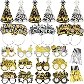 HOWAF Glitter New Years Eve Party Supplies 2026, 2026 NYE Party Decor - 6pcs Happy New Year Cone Hats Headband 12pcs Laser Eyeglasses 12pcs News Years Blowouts, Black Gold Silver, 36pcs