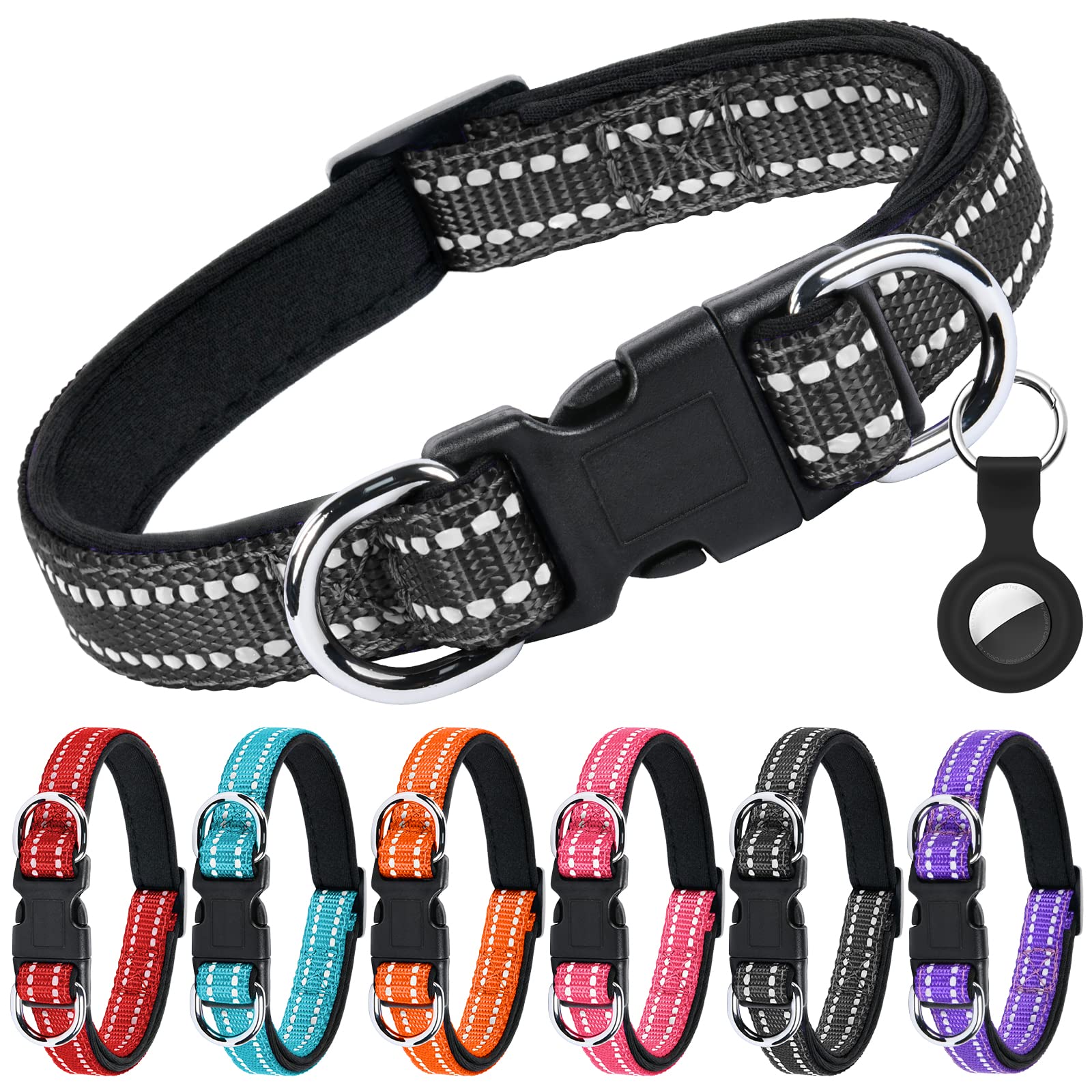 AUAUY Reflective Nylon Dog Collars, Double Security Adjustable Classic Pet Collars with Soft Neoprene Padding AirTag Case, Dual D-Ring Quick Release Buckle for Small Puppy, Medium Large Dogs(Black-M)