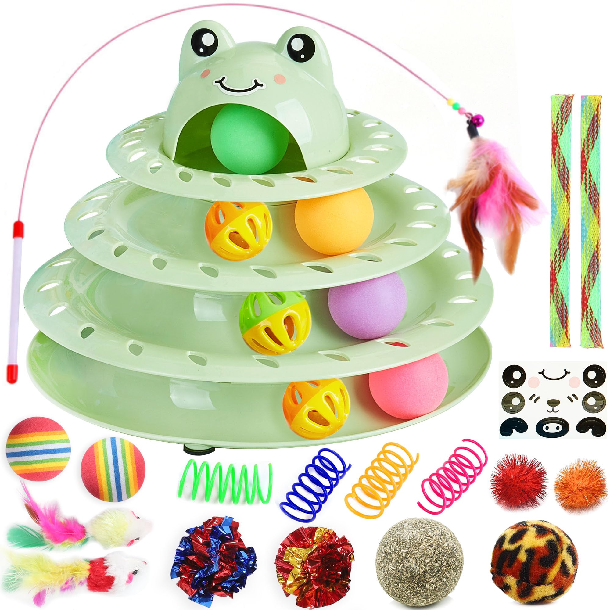Suhaco 26 PCS Interactive Cat Toys for Indoor Cats Roller 4 Level Track Kitten Toys with 4 Colorful Balls Self Play Kitty Ball Toys Feather Wand Pet Toys for Boredom (Green)