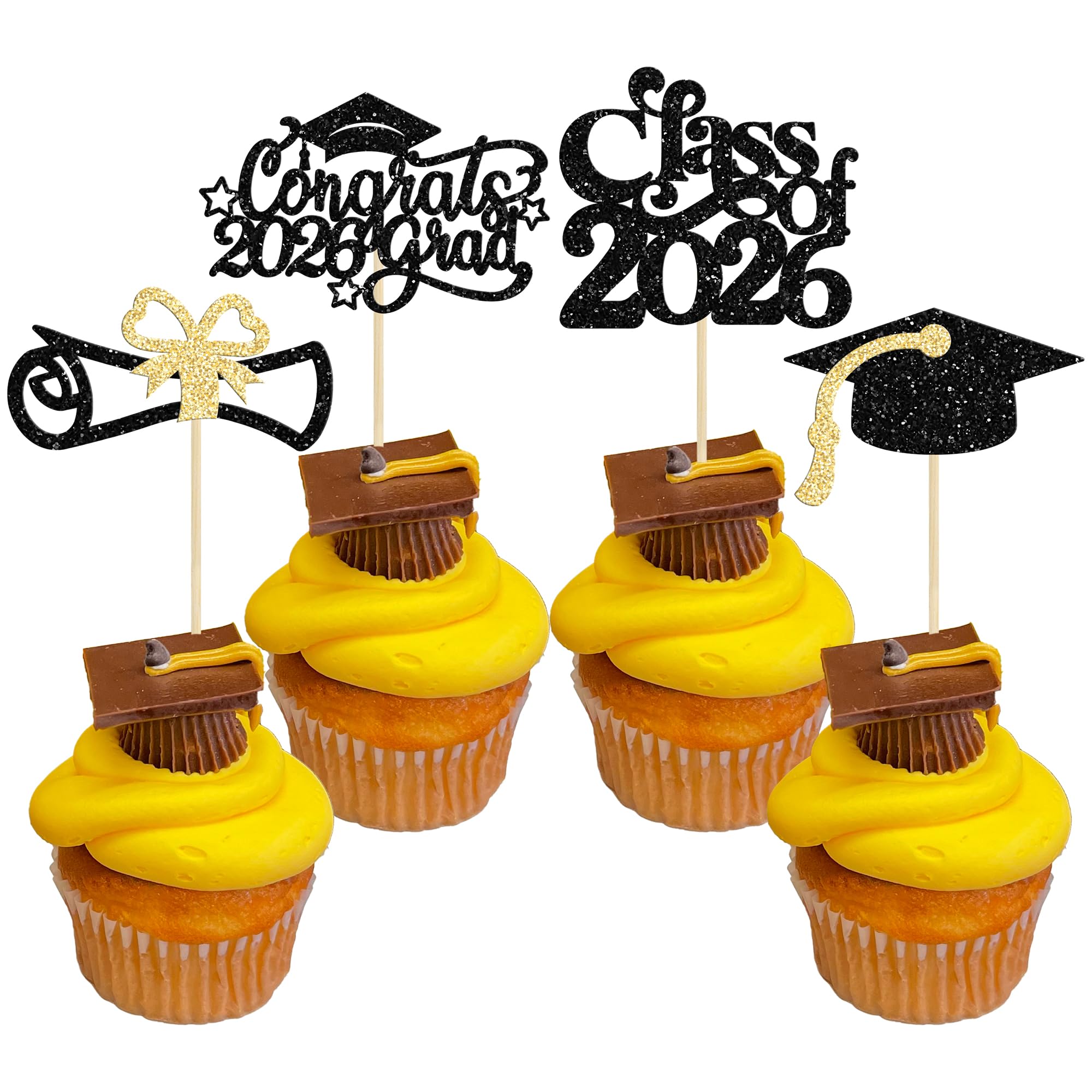 Gyufise 24Pcs 2026 Graduation Cupcake Toppers Glitter Class of 2026 Congrats Grad 2026 Cap Diploma Cupcake Picks 2026 Graduation Theme Party Cake Decorations Supplies Black
