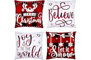 MELONVA Christmas Pillow Covers 18x18 Set of 4 Winter Throw Pillow Covers Holiday Buffalo Plaid Pillow Covers Merry Christmas Pillows for Couch Sofa Home Decor Xmas Cushion Covers Indoor Decor Thicker