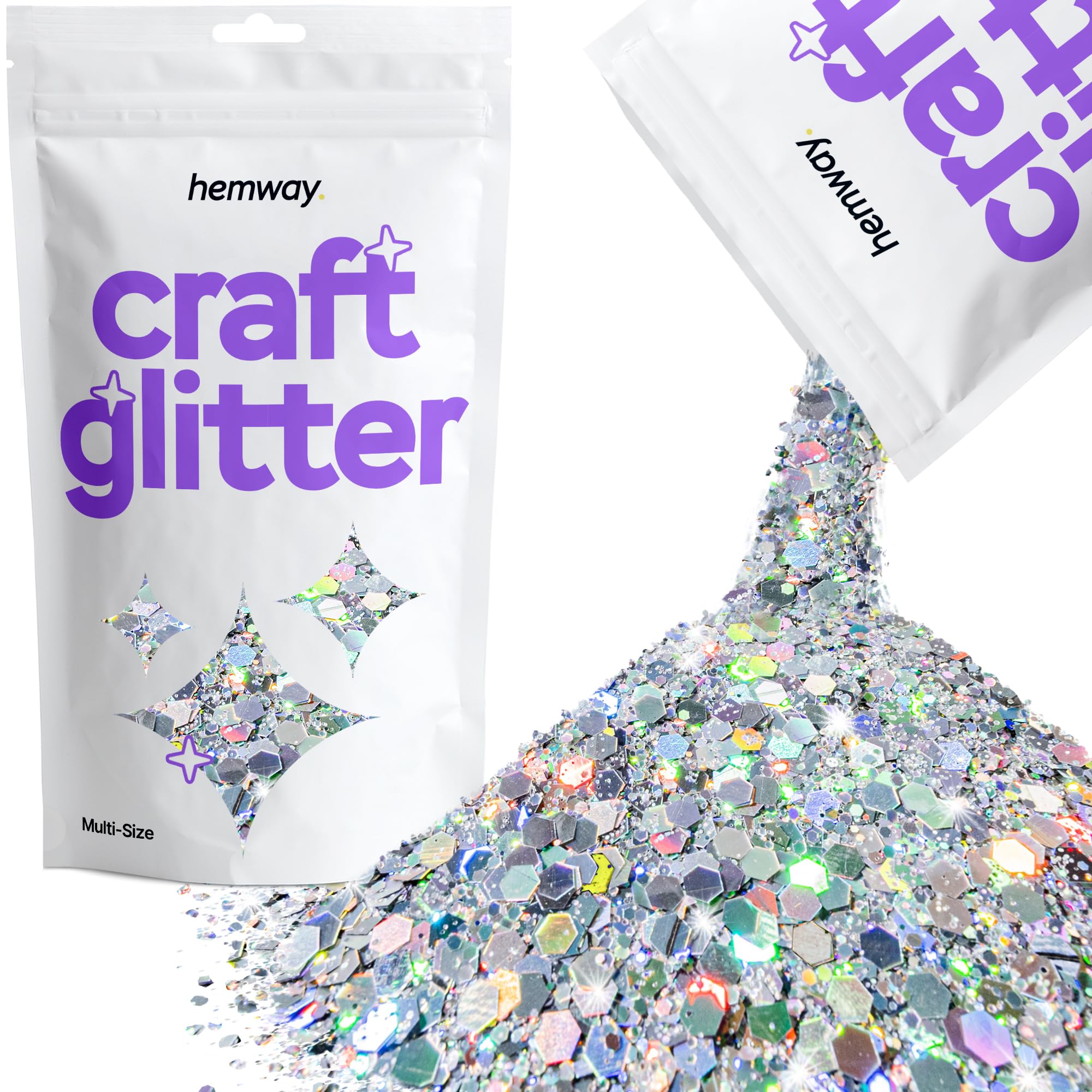 Hemway Craft Glitter Silver Holographic 100g Multi Size Glitter for Crafts, Resin, Cosmetic, Nail, Face, Body, Festival, Tumblers, Art, Candle, Crafting