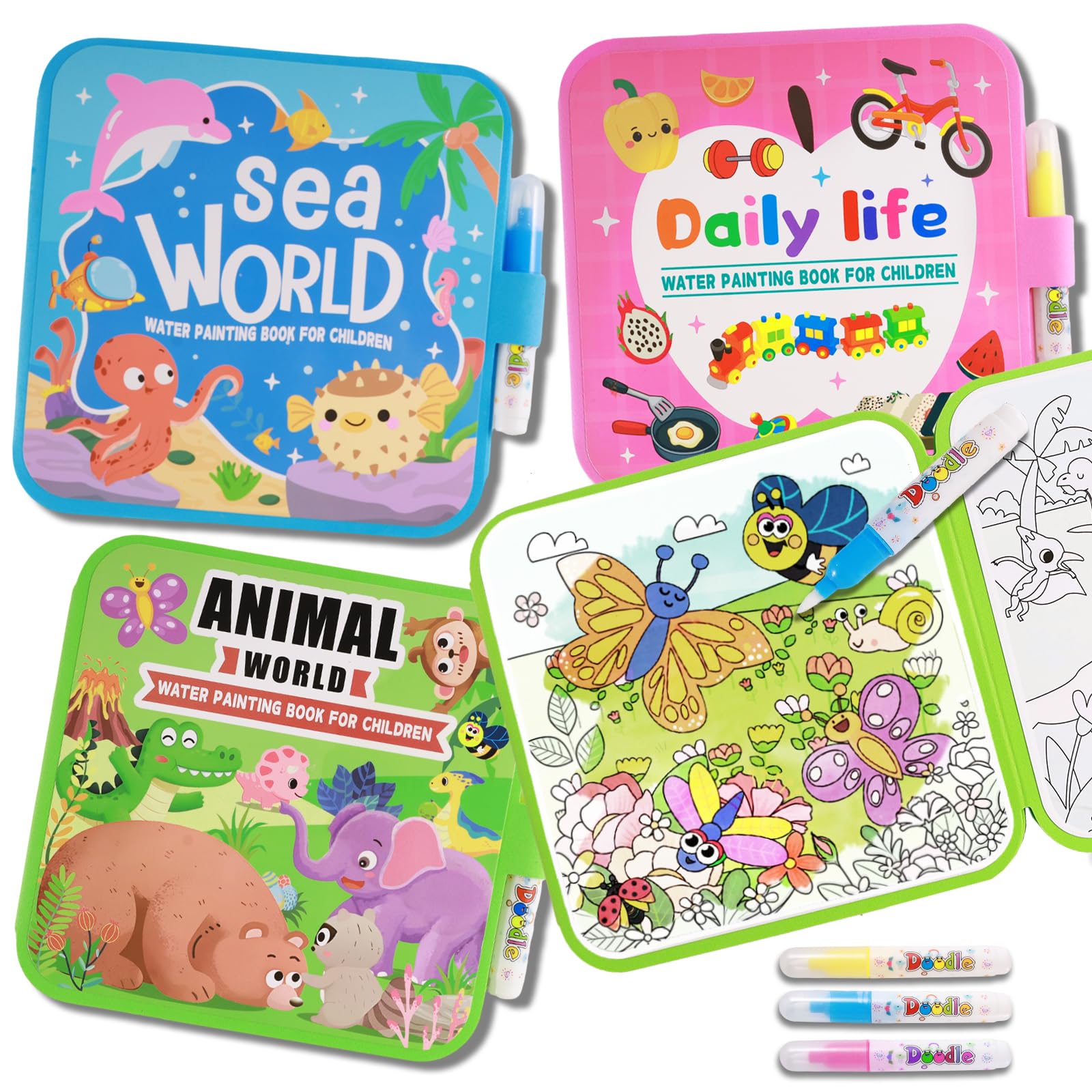 YECHISY Reusable Water Painting Books for Kids: 3 Pack Mess-Free Magic Water Coloring Books - Paint with Water Books, No Mess Coloring Travel Activity Toys for Toddlers Ages 3+