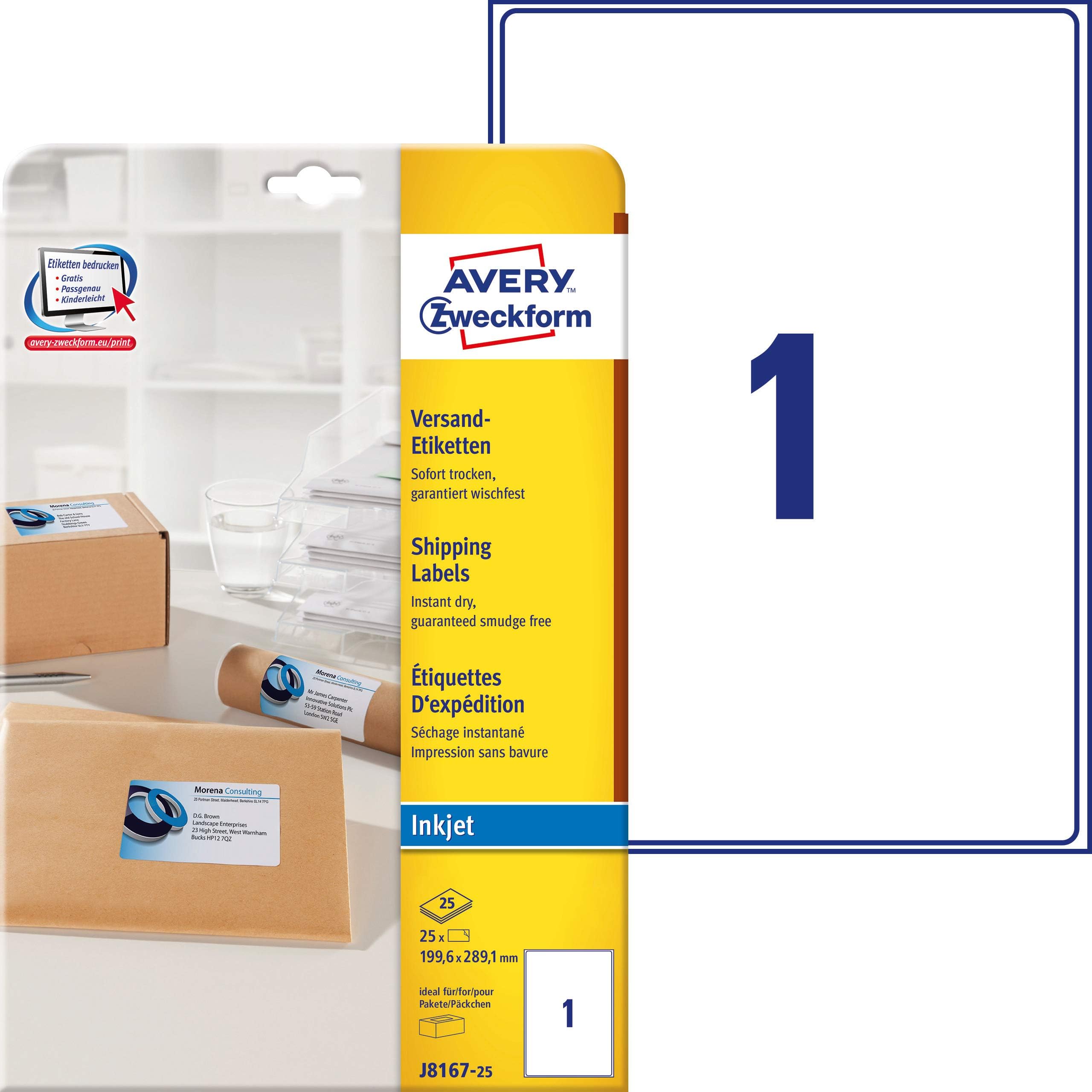 Avery Zweckform J8167-25 Shipping Labels 199.6 x 289.1 mm 25 Sheets / 25 Labels White